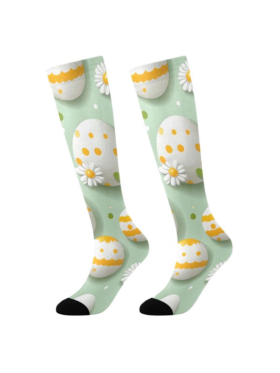 BZSMCE KneeHigh Socks Mint Base With Easter Eggs Flowers Pattern Print Silhouette Breathable Polyester Socks