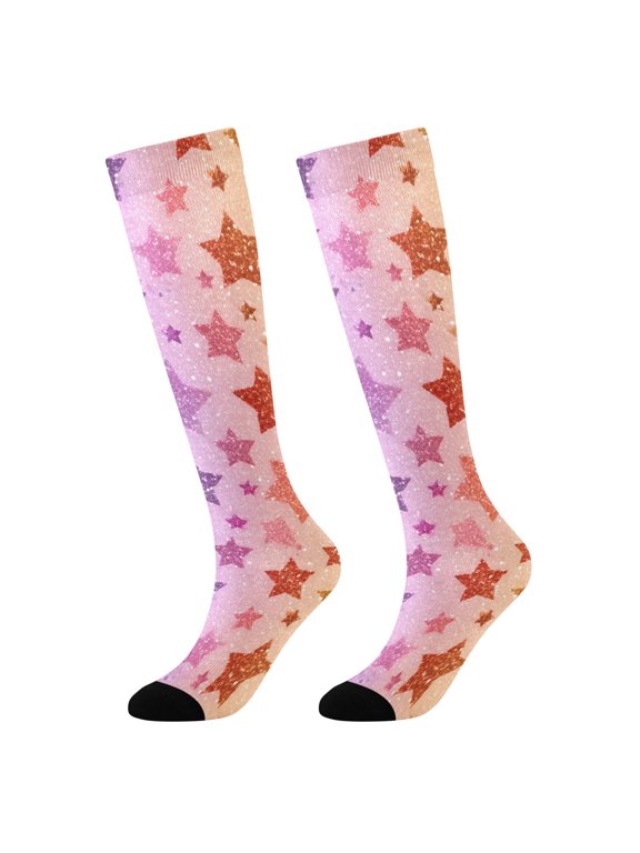 BZSMCE KneeHigh Socks Mint Base With Rainbow Star Glitter Pattern Print Silhouette Breathable Polyester Socks