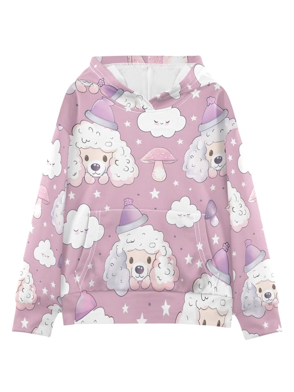 BZSMCE Lamb Dog Cloud Pattern Print Hoodie Casual Pullover Sweatshirt With Kangaroo Pocket