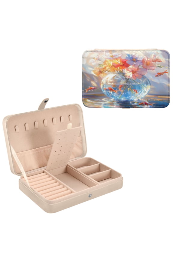 Leather Jewelry Box - Rectangular Aquatic Blossom Harmony Pattern 8.27x5.5x1.78in Beige