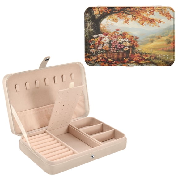 BZSMCE Leather Jewelry Box - Rectangular Basket Of Flowers under Tree Pattern 8.27x5.5x1.78in Beige