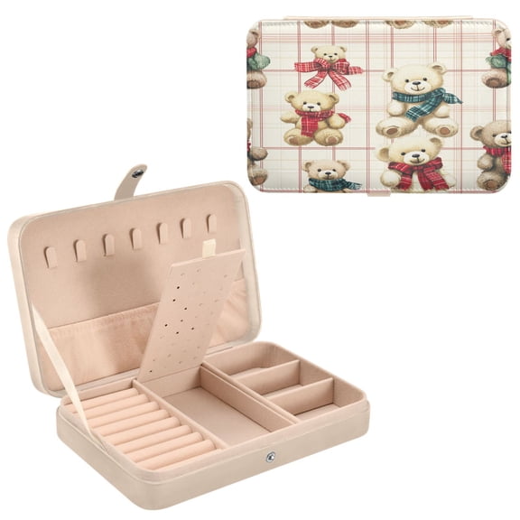 BZSMCE Leather Jewelry Box - Rectangular Bear Hugs and Checkered Love Pattern 8.27x5.5x1.78in Beige