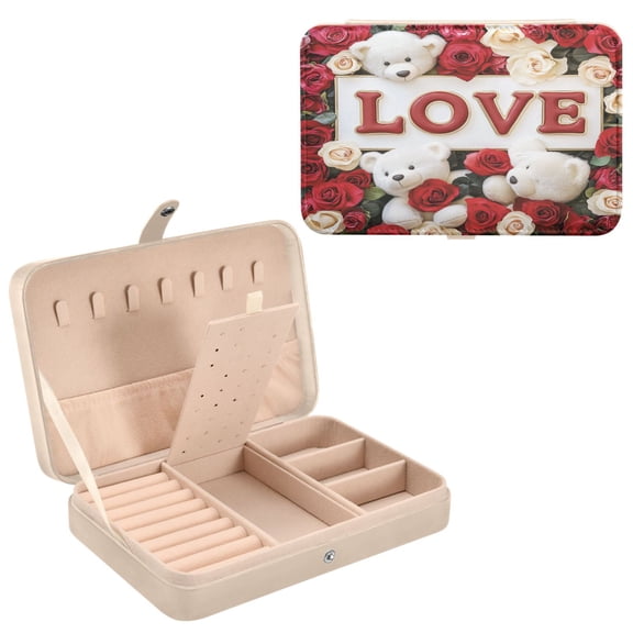 BZSMCE Leather Jewelry Box - Rectangular Bear Hugs and Rose Pattern 8.27x5.5x1.78in Beige