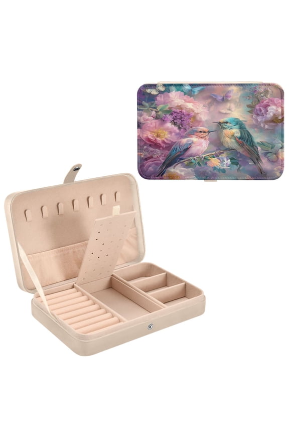 Leather Jewelry Box - Rectangular Birds Flowers and Butterflies Pattern 8.27x5.5x1.78in Beige