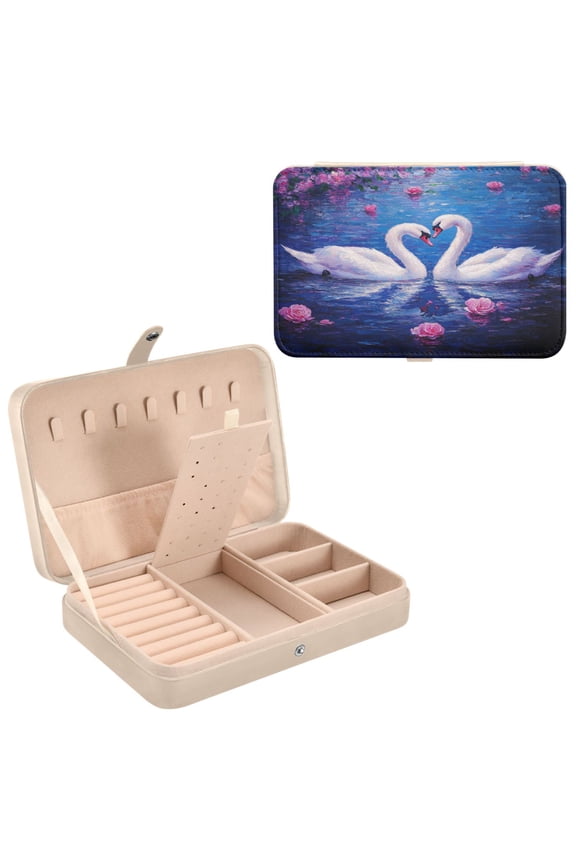 Leather Jewelry Box - Rectangular Blissful Swans in Blue Pattern 8.27x5.5x1.78in Beige