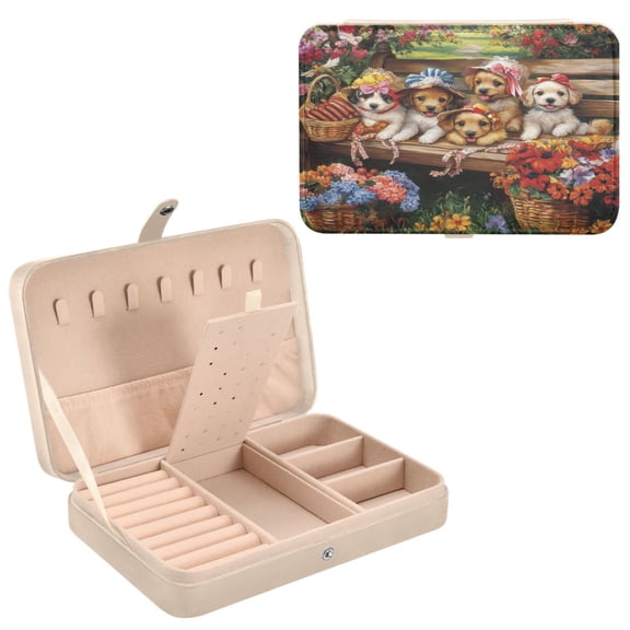 BZSMCE Leather Jewelry Box - Rectangular Blossom Buddies on A Bench Pattern 8.27x5.5x1.78in Beige