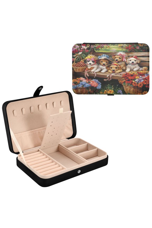 BZSMCE Leather Jewelry Box - Rectangular Blossom Buddies on A Bench Pattern 8.27x5.5x1.78in Black