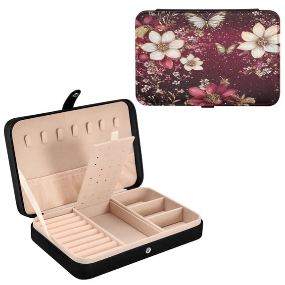 BZSMCE Leather Jewelry Box - Rectangular Blossoms and Butterflies on Burgundy Pattern 8.27x5.5x1.78in Black