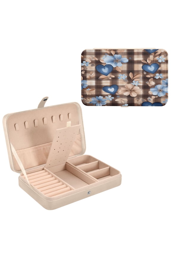 Leather Jewelry Box - Rectangular Blue Heart Floral Harmony Pattern 8.27x5.5x1.78in Beige