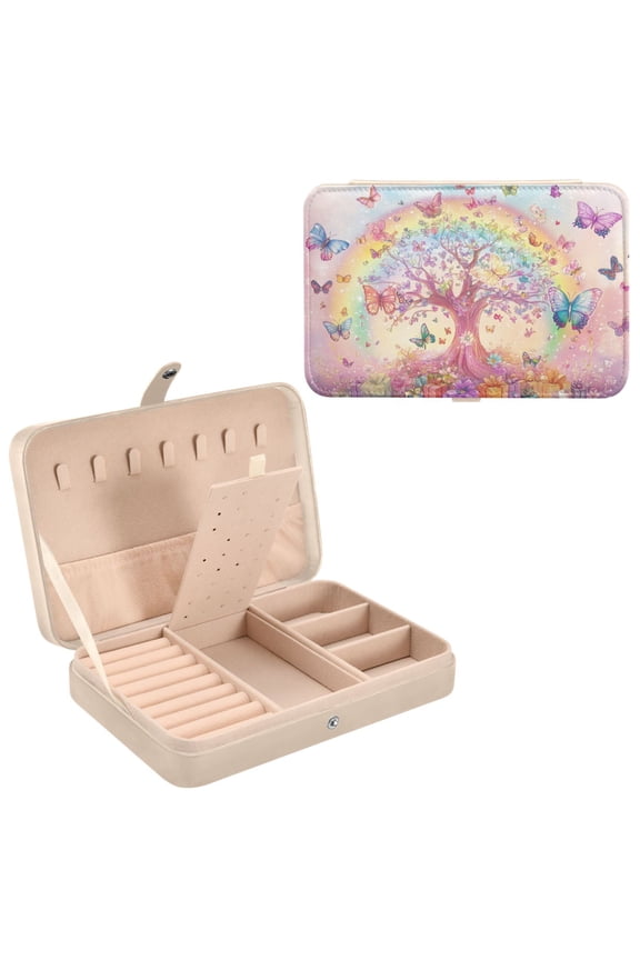Leather Jewelry Box - Rectangular Butterfly Tree with Gifts Pattern 8.27x5.5x1.78in Beige
