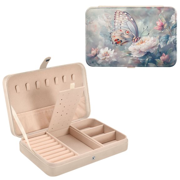 BZSMCE Leather Jewelry Box - Rectangular Butterfly on Flowers Pastel Pattern 8.27x5.5x1.78in Beige
