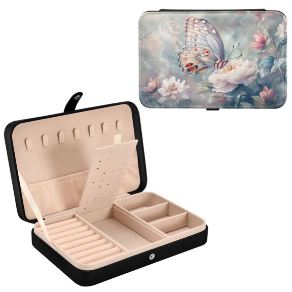 YAZAOO Leather Jewelry Box - Rectangular Butterfly on Flowers Pastel Pattern 8.27x5.5x1.78in Black
