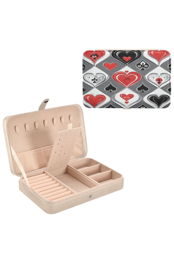 Leather Jewelry Box - Rectangular Cardinal Hearts Pattern 8.27x5.5x1.78in Beige