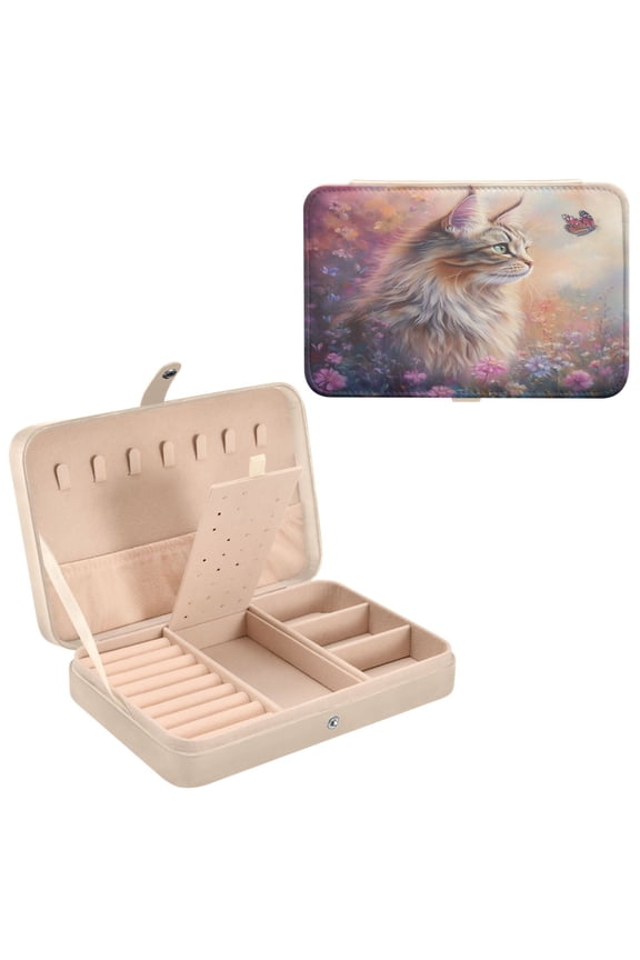 Leather Jewelry Box - Rectangular Cat in A Flower Field Pattern 8.27x5.5x1.78in Beige