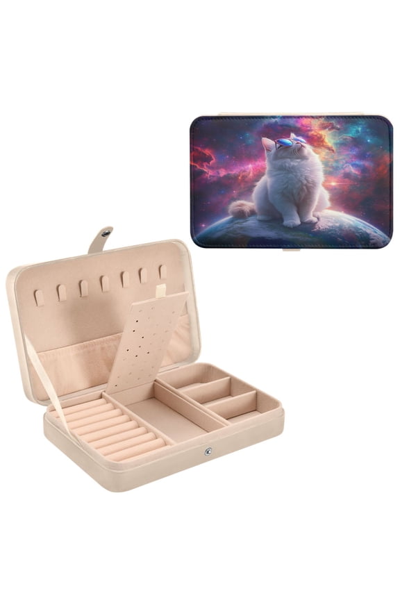 Leather Jewelry Box - Rectangular Cat in Space Pattern 8.27x5.5x1.78in Beige