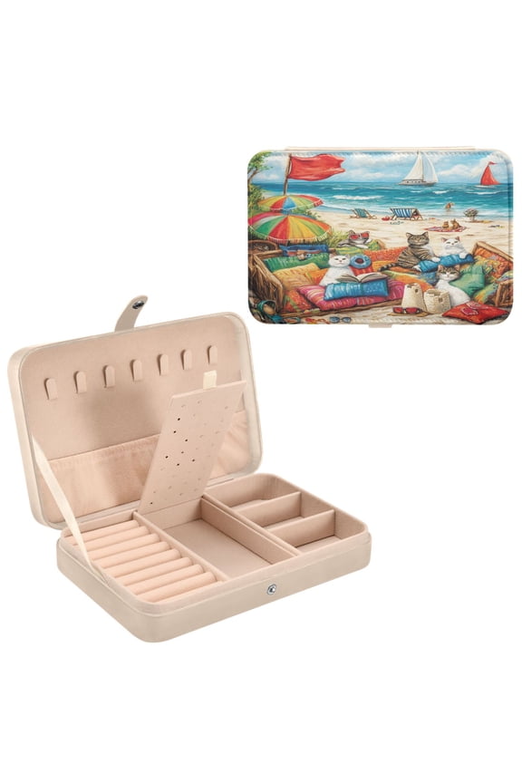 Leather Jewelry Box - Rectangular Cats Relaxing on The Beach Pattern 8.27x5.5x1.78in Beige