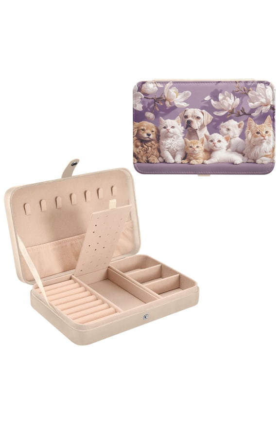 Leather Jewelry Box - Rectangular Cats and Dogs Among Flowers Pattern 8.27x5.5x1.78in Beige