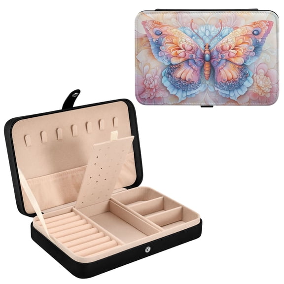 BZSMCE Leather Jewelry Box - Rectangular Colorful Butterfly Illustration Pattern 8.27x5.5x1.78in Black