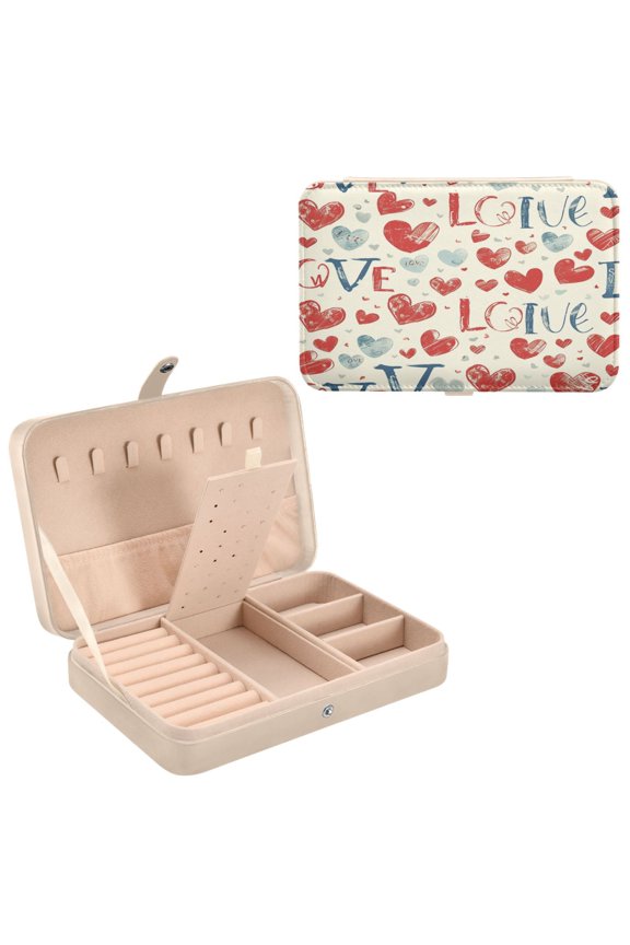 Leather Jewelry Box - Rectangular Colorful Hearts Of Affection Pattern 8.27x5.5x1.78in Beige