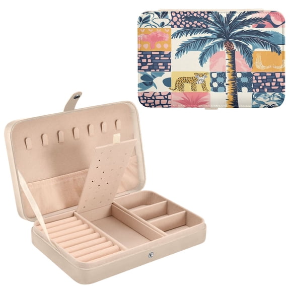 BZSMCE Leather Jewelry Box - Rectangular Colorful Jungle Themed Patchwork Design Pattern 8.27x5.5x1.78in Beige