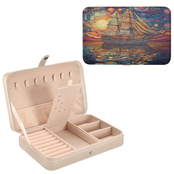 BZSMCE Leather Jewelry Box - Rectangular Colorful Sailboat Art Pattern 8.27x5.5x1.78in Beige