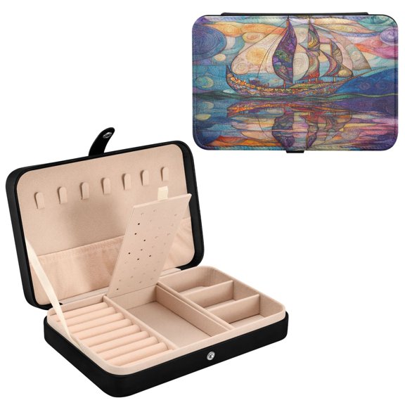 YAZAOO Leather Jewelry Box - Rectangular Colorful Sailboat Painting Pattern 8.27x5.5x1.78in Black