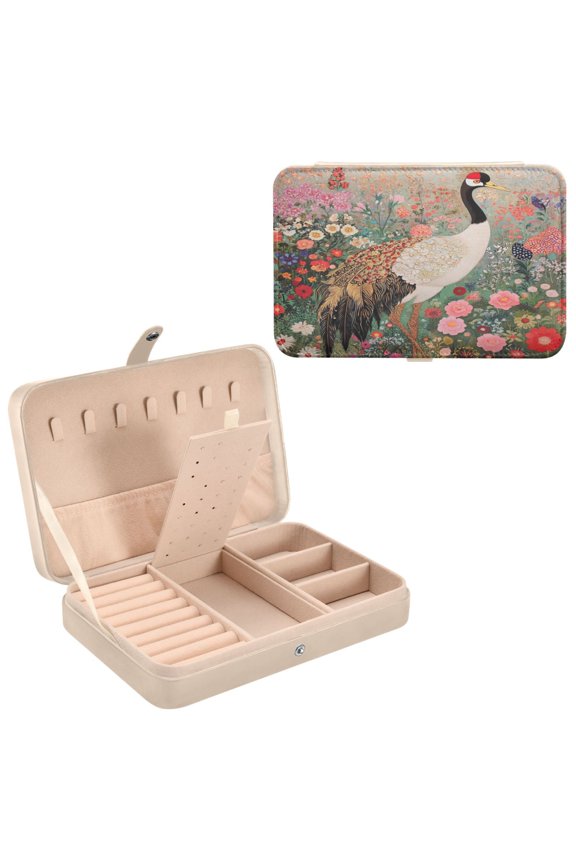 Leather Jewelry Box - Rectangular Crane in Floral Garde Pattern 8.27x5.5x1.78in Beige