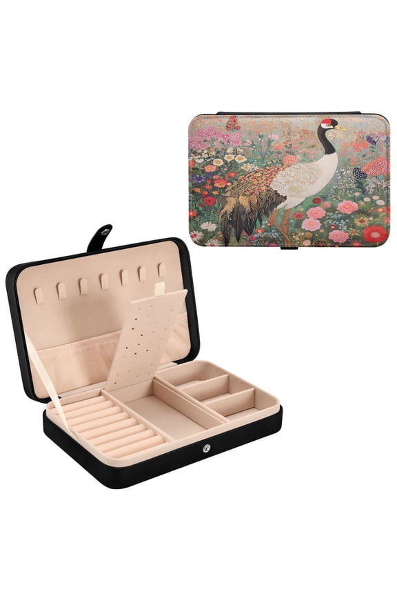 Leather Jewelry Box - Rectangular Crane in Floral Garde Pattern 8.27x5.5x1.78in Black