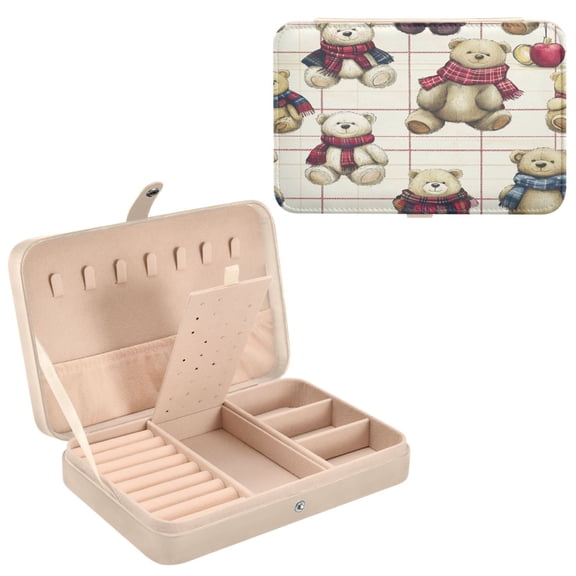 BZSMCE Leather Jewelry Box - Rectangular Cuddly Companions in Cozy Scarves Pattern 8.27x5.5x1.78in Beige