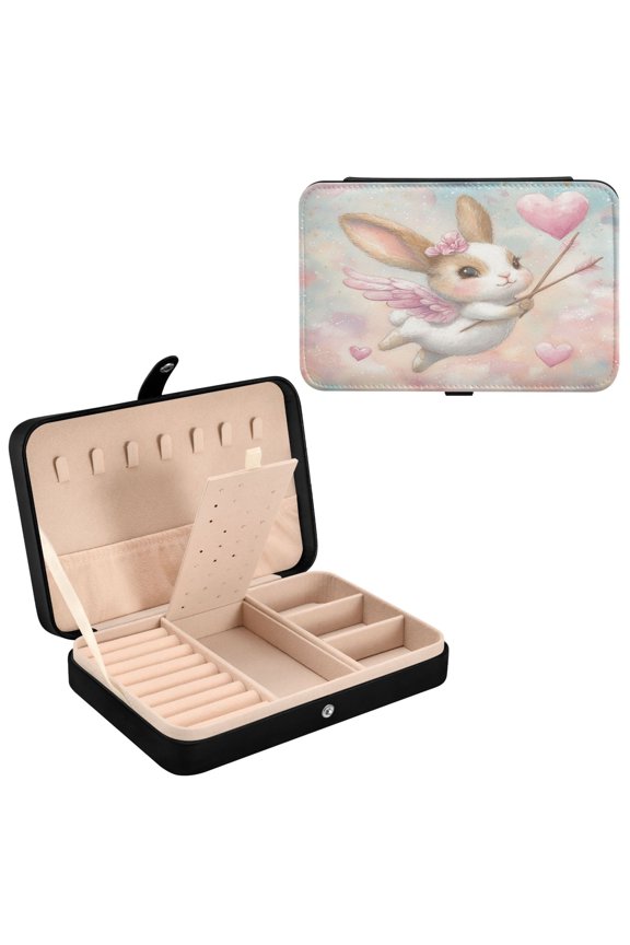 Leather Jewelry Box - Rectangular Cupid's Bunny Pattern 8.27x5.5x1.78in Black
