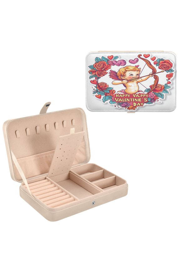 Leather Jewelry Box - Rectangular Cupid with Bow and Roses Pattern 8.27x5.5x1.78in Beige