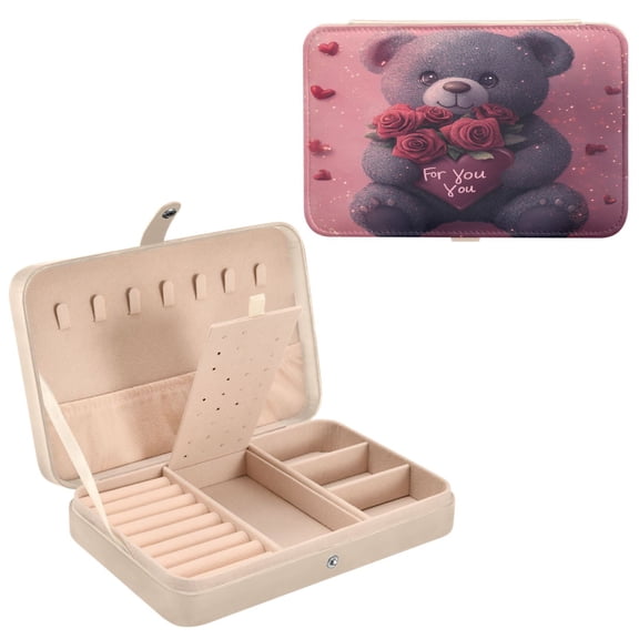 BZSMCE Leather Jewelry Box - Rectangular Cute Bear with Roses Pattern 8.27x5.5x1.78in Beige