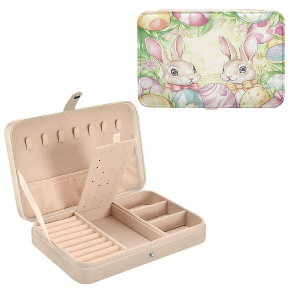 BZSMCE Leather Jewelry Box - Rectangular Easter Bunny Bliss Pattern 8.27x5.5x1.78in Beige