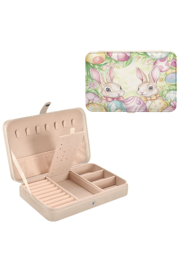 Leather Jewelry Box - Rectangular Easter Bunny Bliss Pattern 8.27x5.5x1.78in Beige