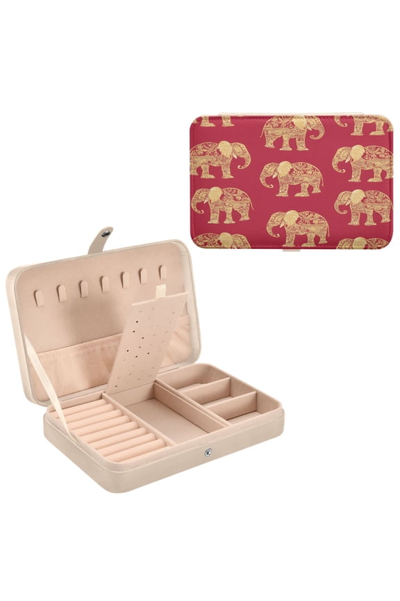 Leather Jewelry Box - Rectangular Elephant Elegance on Red Pattern 8.27x5.5x1.78in Beige