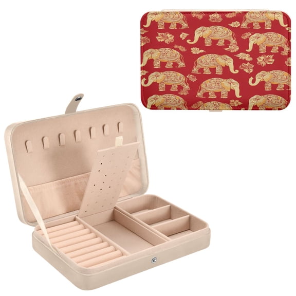 BZSMCE Leather Jewelry Box - Rectangular Elephants Pattern Pattern 8.27x5.5x1.78in Beige