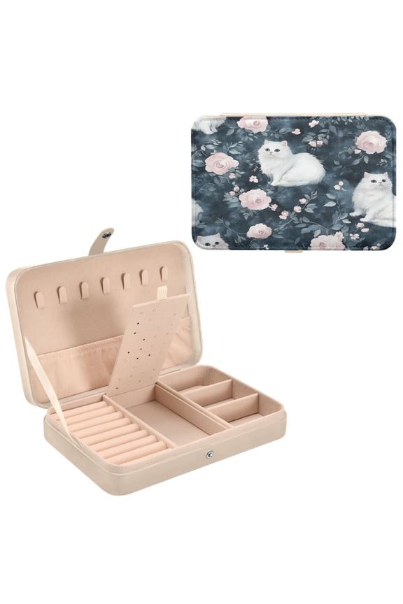 Leather Jewelry Box - Rectangular Enchanted White Cats and Roses Pattern 8.27x5.5x1.78in Beige