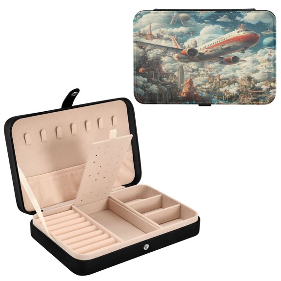 YAZAOO Leather Jewelry Box - Rectangular Futuristic Cityscape with Airplane Pattern 8.27x5.5x1.78in Black