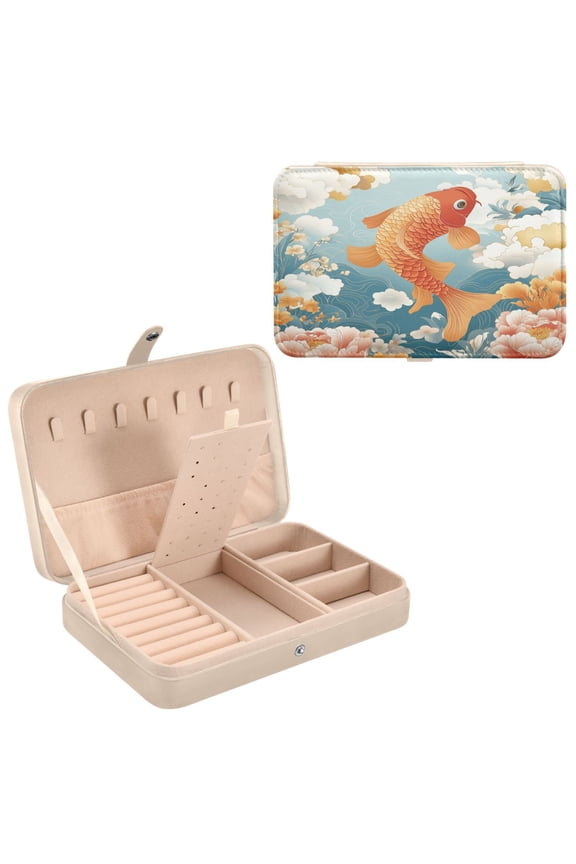 Leather Jewelry Box - Rectangular Golden Koi in A Blossoming Dream Pattern 8.27x5.5x1.78in Beige
