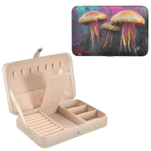 BZSMCE Leather Jewelry Box - Rectangular Jellyfish Colorful Pattern 8.27x5.5x1.78in Beige