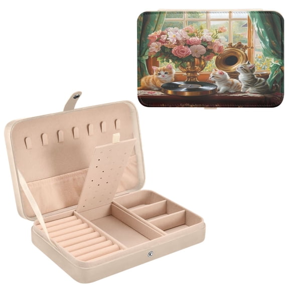 BZSMCE Leather Jewelry Box - Rectangular Kittens Flowers Gramophone Record Pattern 8.27x5.5x1.78in Beige