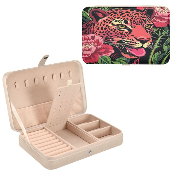 BZSMCE Leather Jewelry Box - Rectangular Leopard's Charm Pattern 8.27x5.5x1.78in Beige
