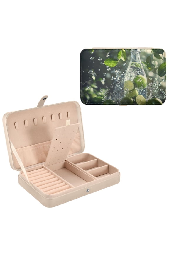 Leather Jewelry Box - Rectangular Lime Slices in Sparkling Water Pattern 8.27x5.5x1.78in Beige