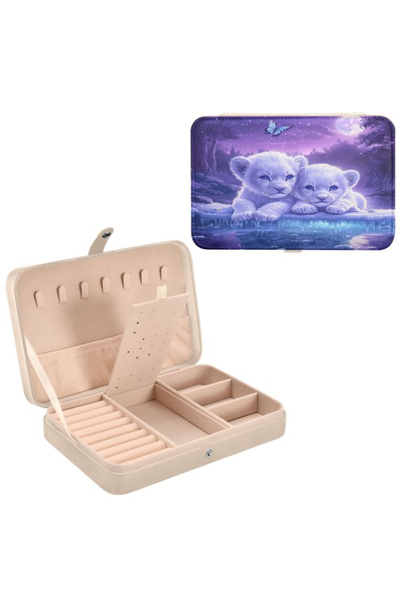 Leather Jewelry Box - Rectangular Lion Cubs under The Moon Pattern 8.27x5.5x1.78in Beige