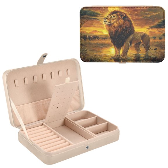 BZSMCE Leather Jewelry Box - Rectangular Lion in Savannah at Sunset Pattern 8.27x5.5x1.78in Beige