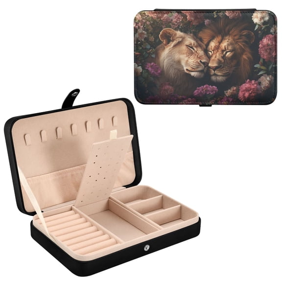 BZSMCE Leather Jewelry Box - Rectangular Lioness in Floral Setting Pattern 8.27x5.5x1.78in Black