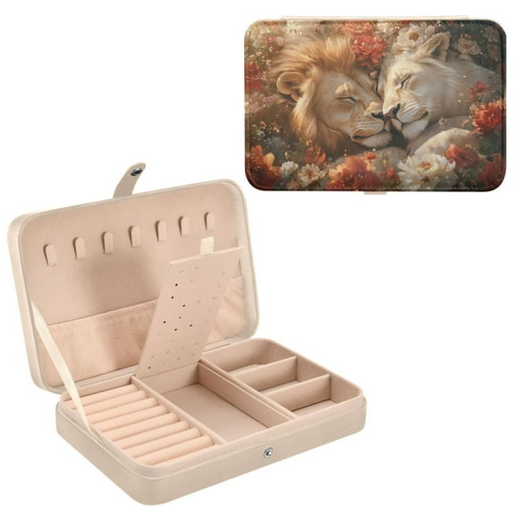 BZSMCE Leather Jewelry Box - Rectangular Lions Resting Flowers Pattern 8.27x5.5x1.78in Beige