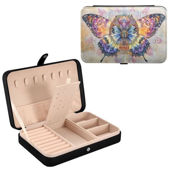 BZSMCE Leather Jewelry Box - Rectangular Mandala Butterfly Pattern 8.27x5.5x1.78in Black