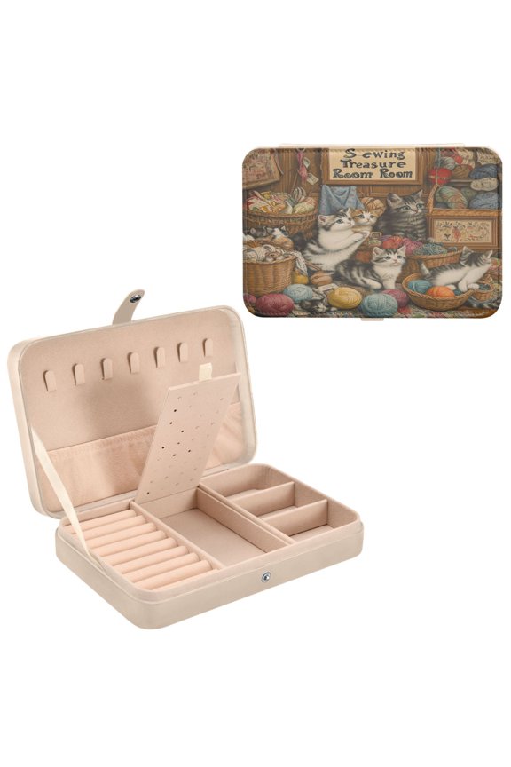 Leather Jewelry Box - Rectangular Naughty Kittens Pattern 8.27x5.5x1.78in Beige