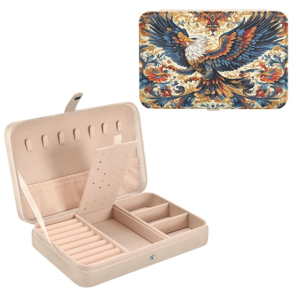 BZSMCE Leather Jewelry Box - Rectangular Ornate Eagless Illustration Pattern 8.27x5.5x1.78in Beige